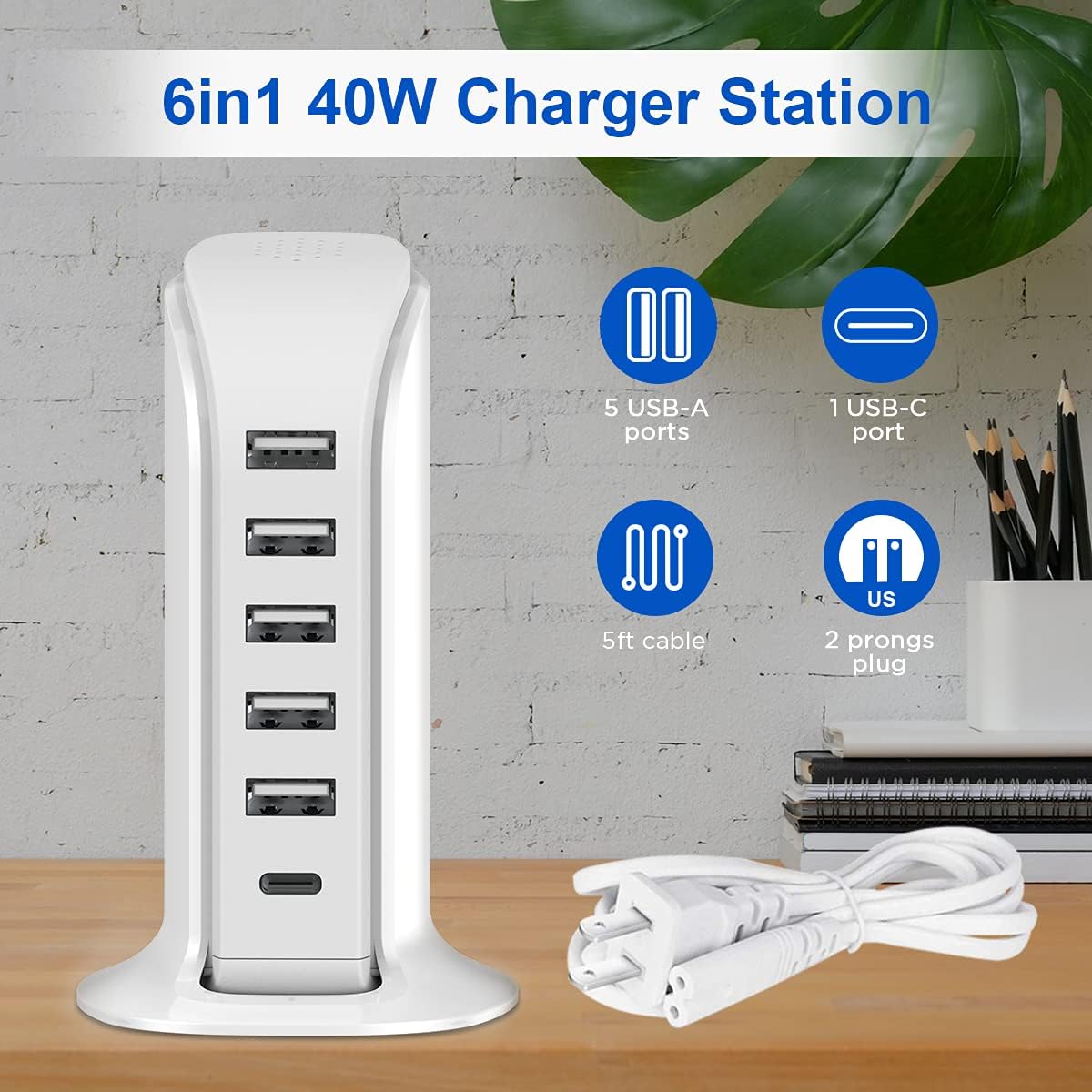 Upoy 40W Charging Station for Multiple Devices – 5 USB Port Charger Tower with Type-C, Smart IC Hub for Home & Office