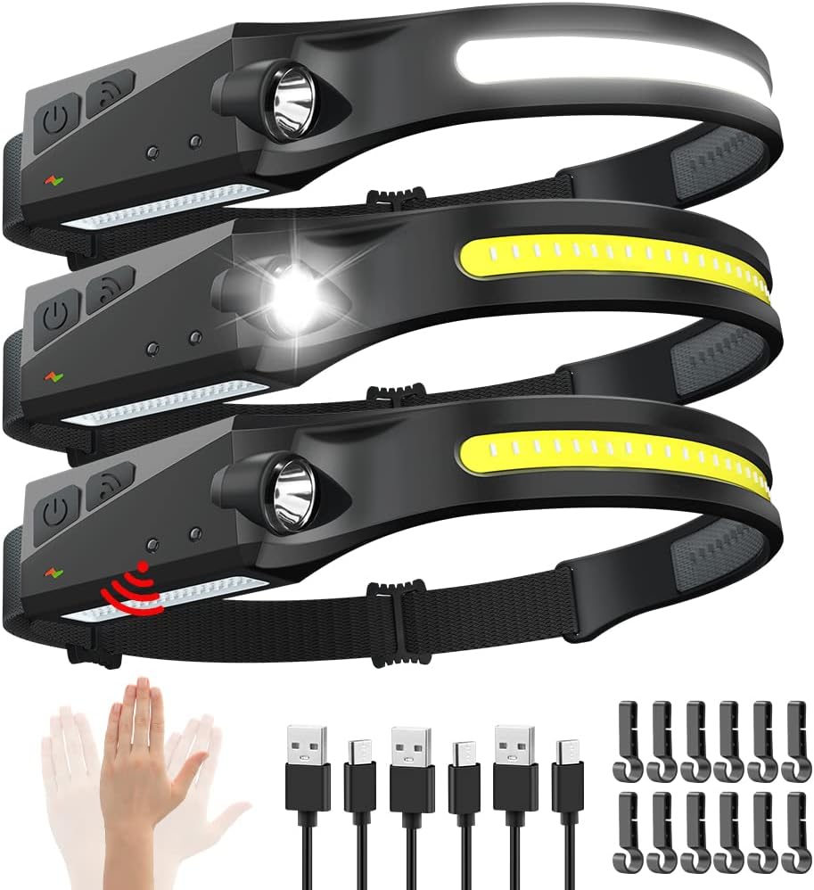 Rechargeable Headlamp 3PCS, 230° Wide Beam Head Lamp, Motion Sensor LED Headlamp Rechargeable, 5Mode Bright Headlamps for Adults, Head Lights for Forehead, Hard Hat Headlight, Camping Essentials Gear