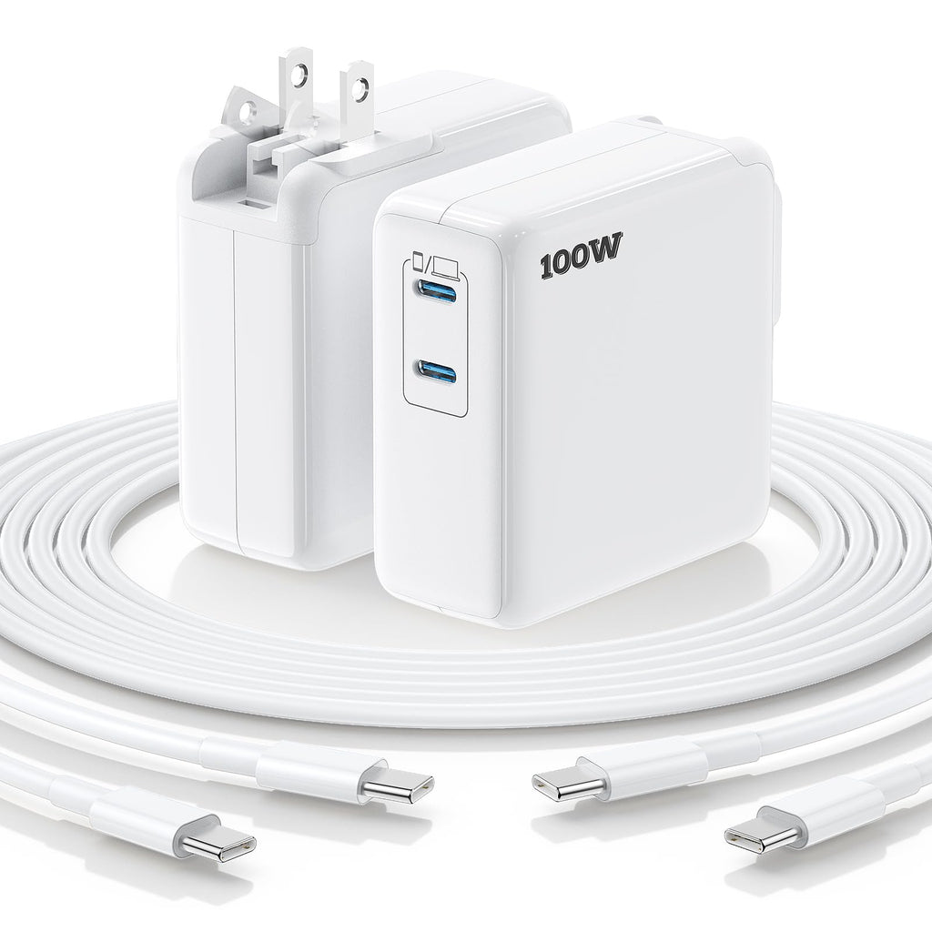 Essri MacBook Pro Charger,100W USB C Charger 2Pack with Foldable Plug,Dual 65W Ports Fast Charging for MacBook Pro Air,iPad Pro,iPhone 17/16/15,Includes 6FT+10FT USB C to C Cables - White