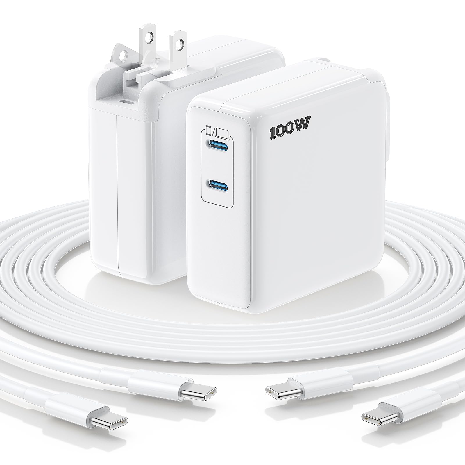 Essri MacBook Pro Charger,100W USB C Charger 2Pack with Foldable Plug,Dual 65W Ports Fast Charging for MacBook Pro Air,iPad Pro,iPhone 17/16/15,Includes 6FT+10FT USB C to C Cables - White