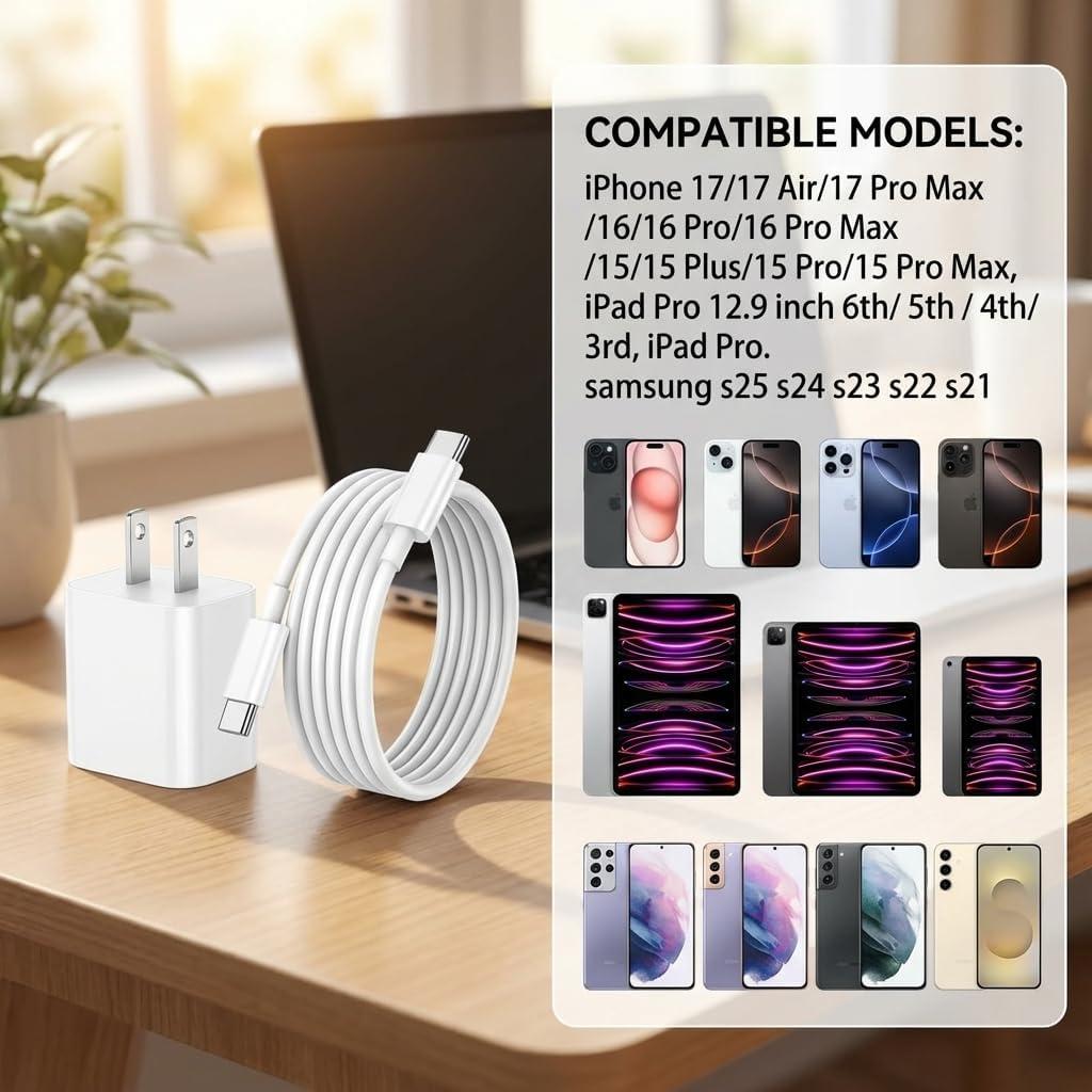 20W USB-C Fast Charger for iPhone & iPad – 2-Pack Wall Blocks with 6FT USB-C to C Cables (White)