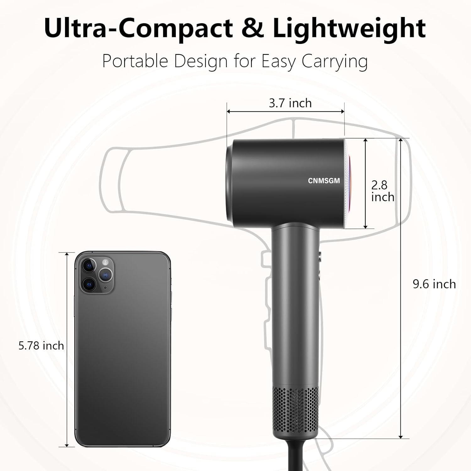 Hair Dryer, High Speed Ionic Blow Dryer, 5X-Fast Drying, 2 Billion Negative Ions, Low Noise,160000 RPM, Compact Blow Dryer with Magnetic Diffuser for Faster Drying All Hair Types(Black Gray)