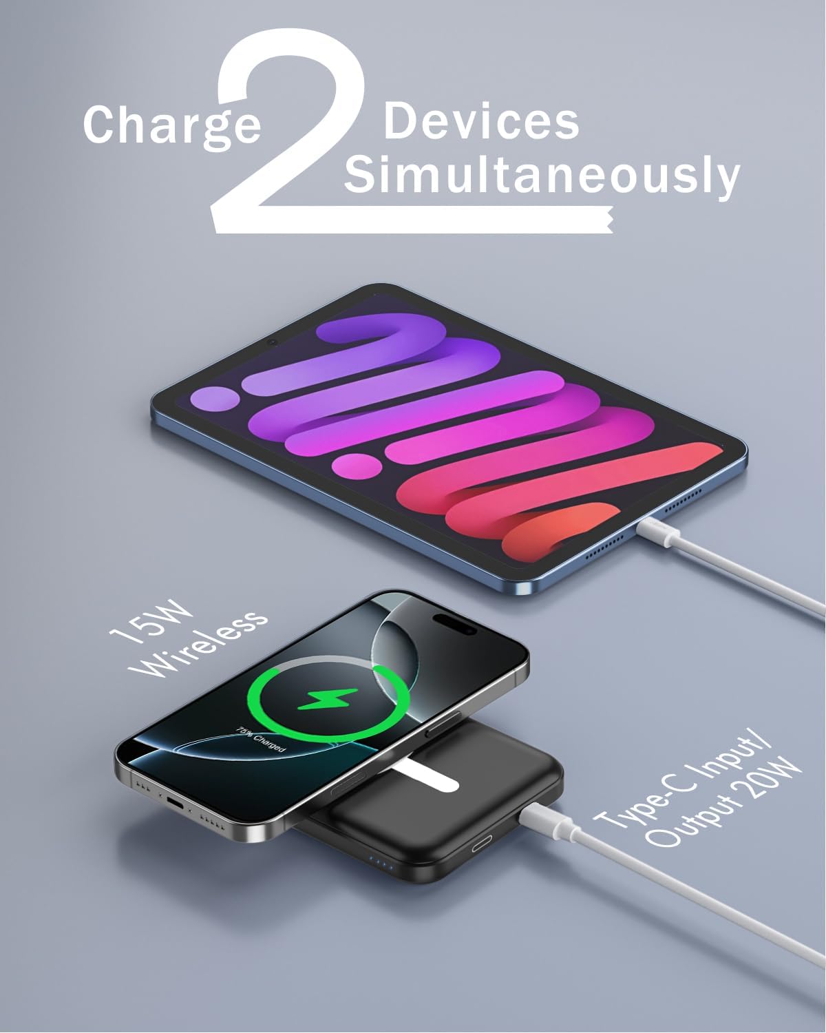 podoru for Magsafe Battery Pack, 5000mAh Magnetic Power Bank with Type-C Cable 20W PD Fast Charging Lighting Input Wireless Portable Charger for iPhone 17/16/15/14/13/12/ All Series-Black