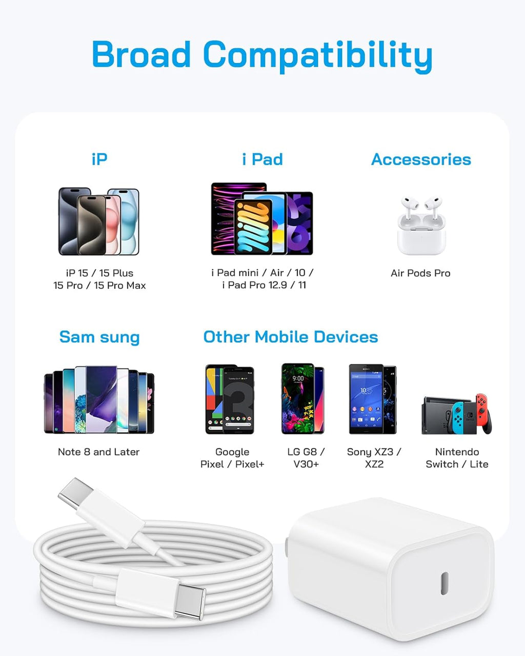i Phone 17 16 15 Charger Fast Charging - 20W PD Fast Charger Block with 6Ft USB C Cable for i Phone 17/16/15 Series, i Pad Pro/Air/Mini, Galaxy S23, Pixel 8 & More (2-Pack)