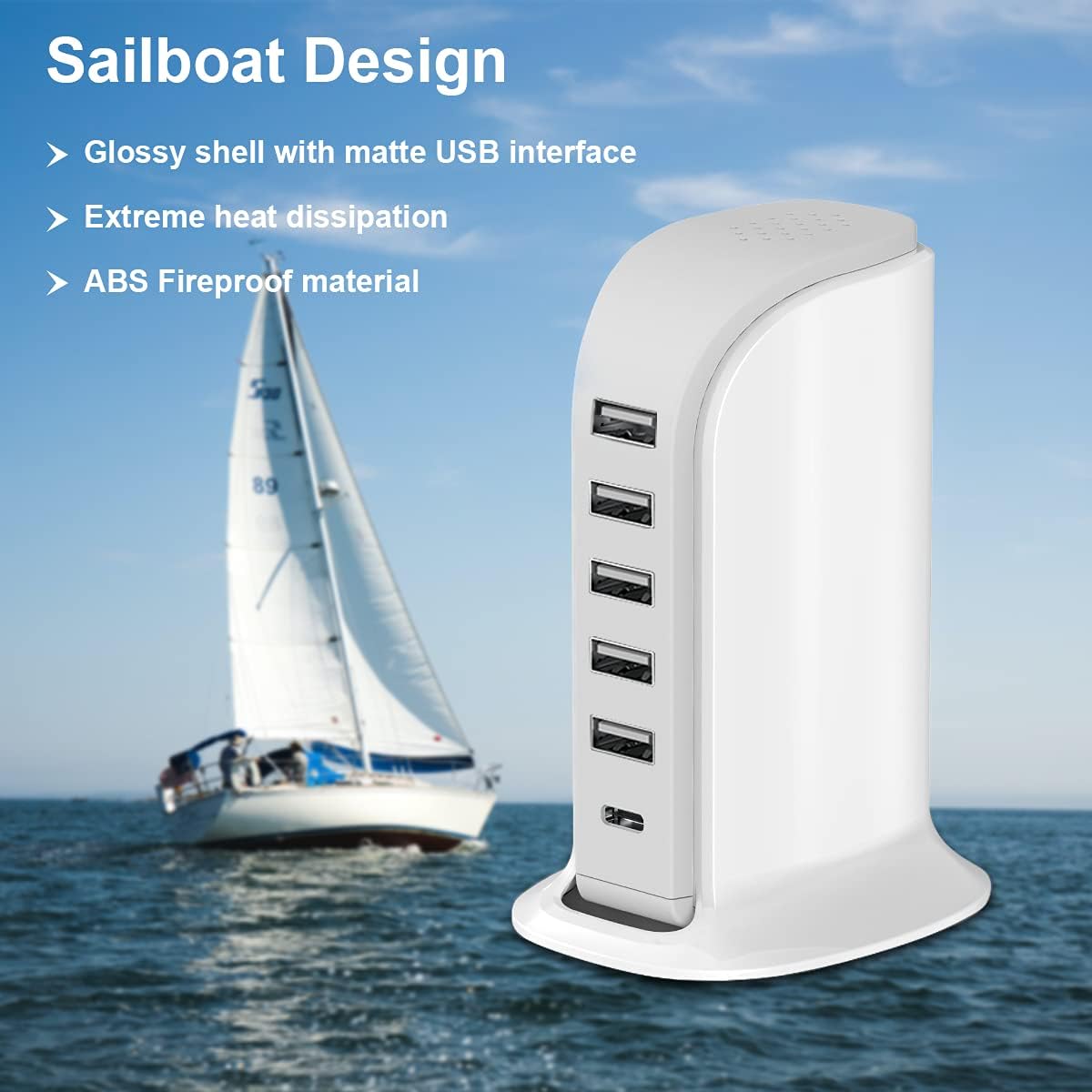 Upoy 40W Charging Station for Multiple Devices – 5 USB Port Charger Tower with Type-C, Smart IC Hub for Home & Office