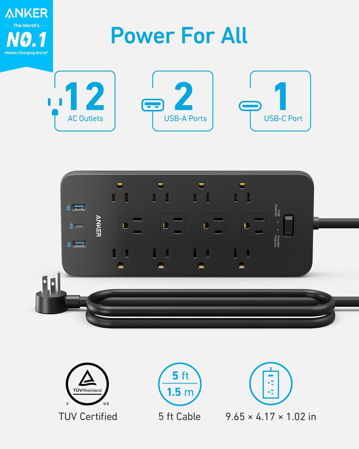 Anker Power Strip with 2100J Surge Protector, Outlet Extender, 5ft Extension Cord with Multiple Outlets, 12 AC, 2 USB A,1 USB C Port for 20W, Home Office, Dorm Room Essentials, TUV Listed