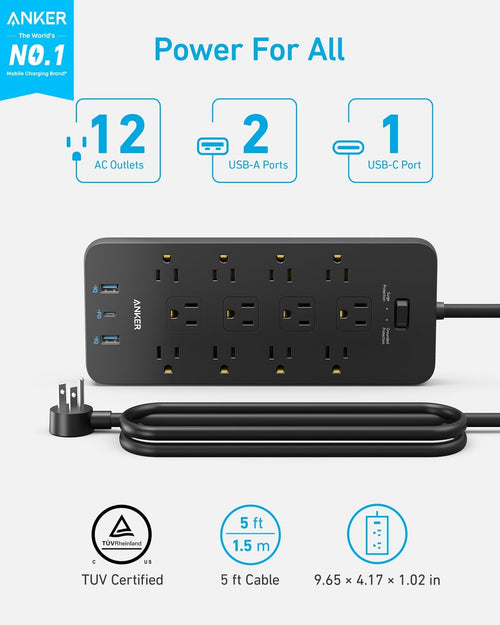 Anker Power Strip with 2100J Surge Protector, Outlet Extender, 5ft Extension Cord with Multiple Outlets, 12 AC, 2 USB A,1 USB C Port for 20W, Home Office, Dorm Room Essentials, TUV Listed