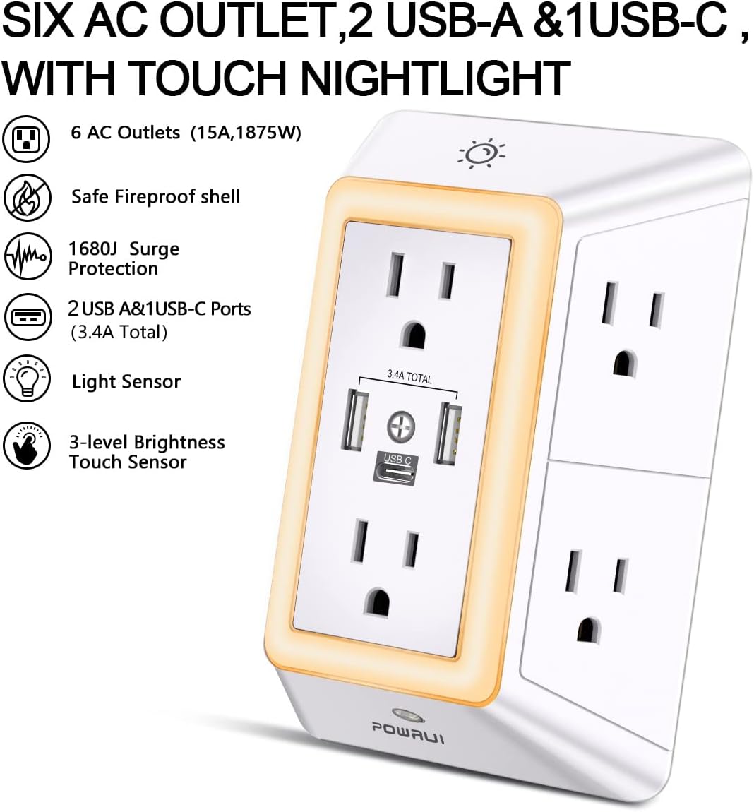 POWRUI Multi Plug 6 Outlet Surge Protector Extender with 3 USB Ports (1 USB C) and Night Light, 3-Sided Power Strip with Adapter Spaced Outlets, ETL Listed, White