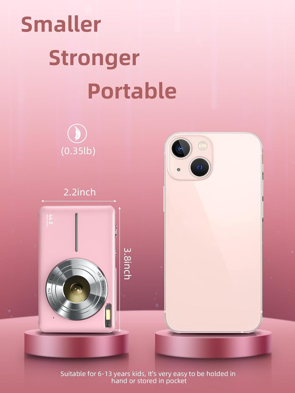 Digital Camera, FHD 1080P Digital Point and Shoot Camera with 16X Zoom Anti Shake, 32GB Card, Compact Small Camera for Boys Girls Kids, Pink