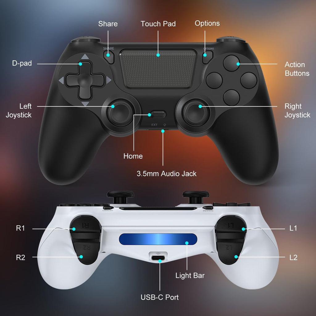 Wuthur 2 Pack Wireless Controller Compatible with PS4/Pro/Slim (Black & White)