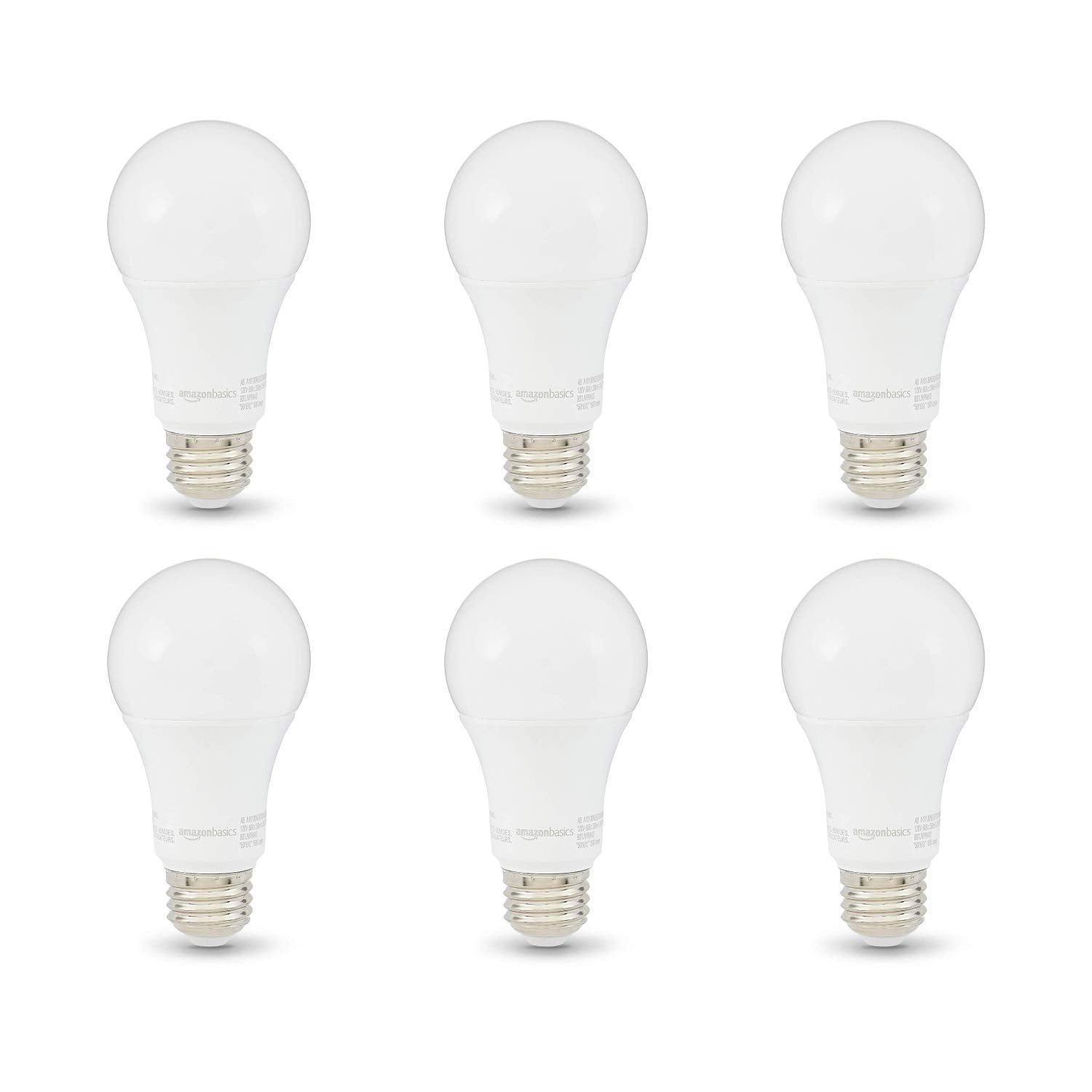 Basics A19 LED Light Bulbs, 100W Equivalent, 15W Energy Efficient, E26 Standard Base, Soft White 2700K, Non-Dimmable, 10,000 Hour Lifetime, 6-Pack