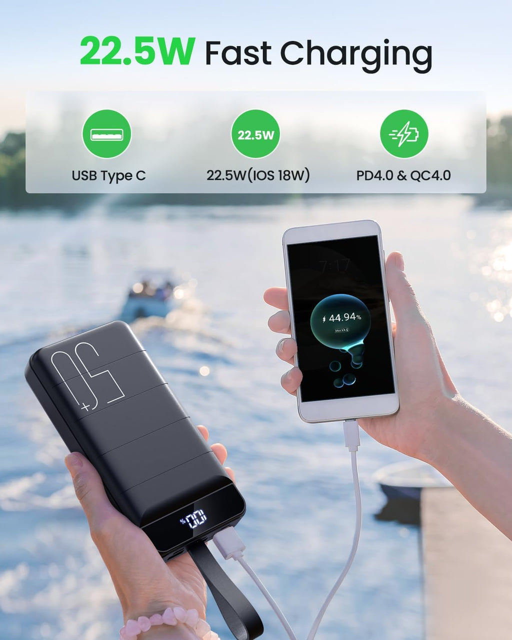 Power Bank Fast Charging 50000mAh - 22.5W Portable Charger USB C Quick Charge with 4 Outputs & 3 Inputs LED Display Huge Capacity External Battery Pack for iPhone, Samsung, iPad etc Black