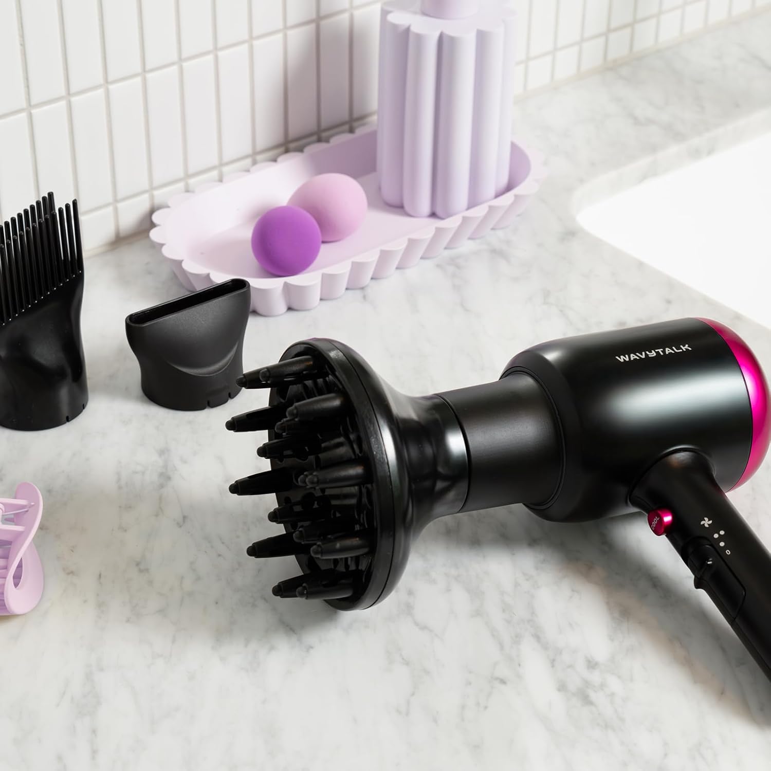 Wavytalk Hair Dryer with Diffuser, Blown Away Ionic Hair Dryer for Curly Hair with Comb, 1875W Fast Drying Blow Dryer with Ceramic Technology, 3 Attachments for All Hair Types, Light and Quiet, Black
