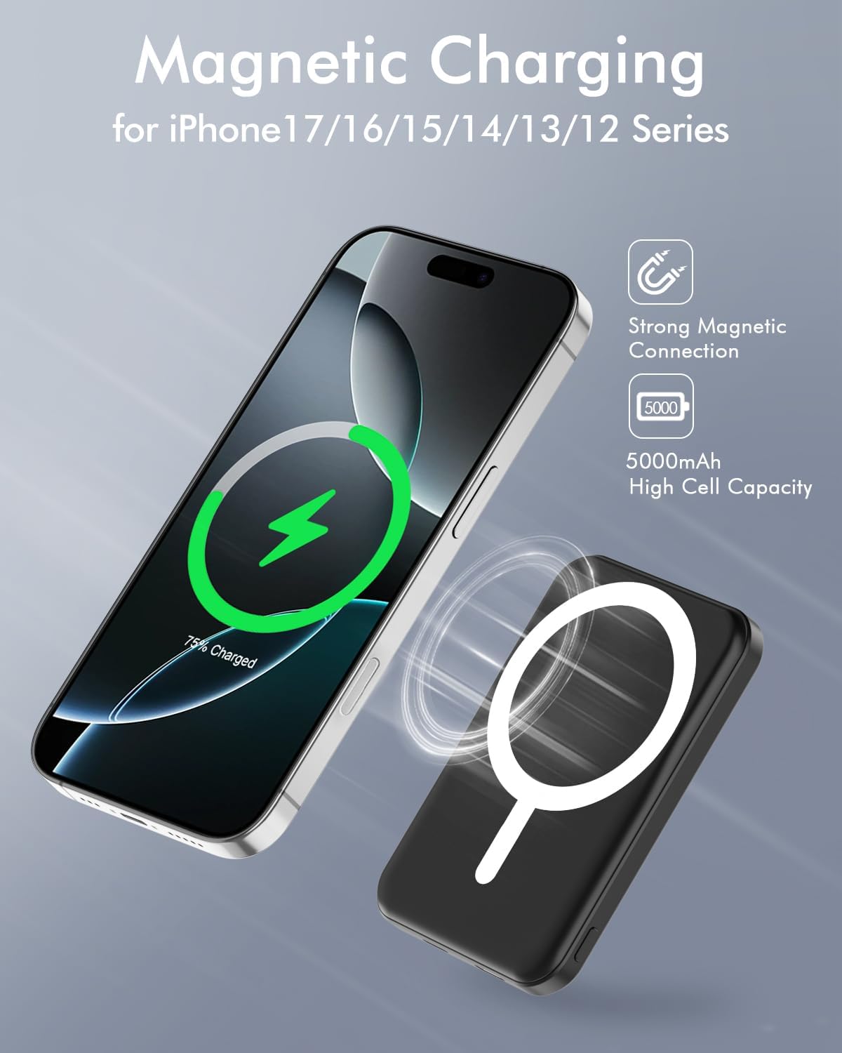 podoru for Magsafe Battery Pack, 5000mAh Magnetic Power Bank with Type-C Cable 20W PD Fast Charging Lighting Input Wireless Portable Charger for iPhone 17/16/15/14/13/12/ All Series-Black