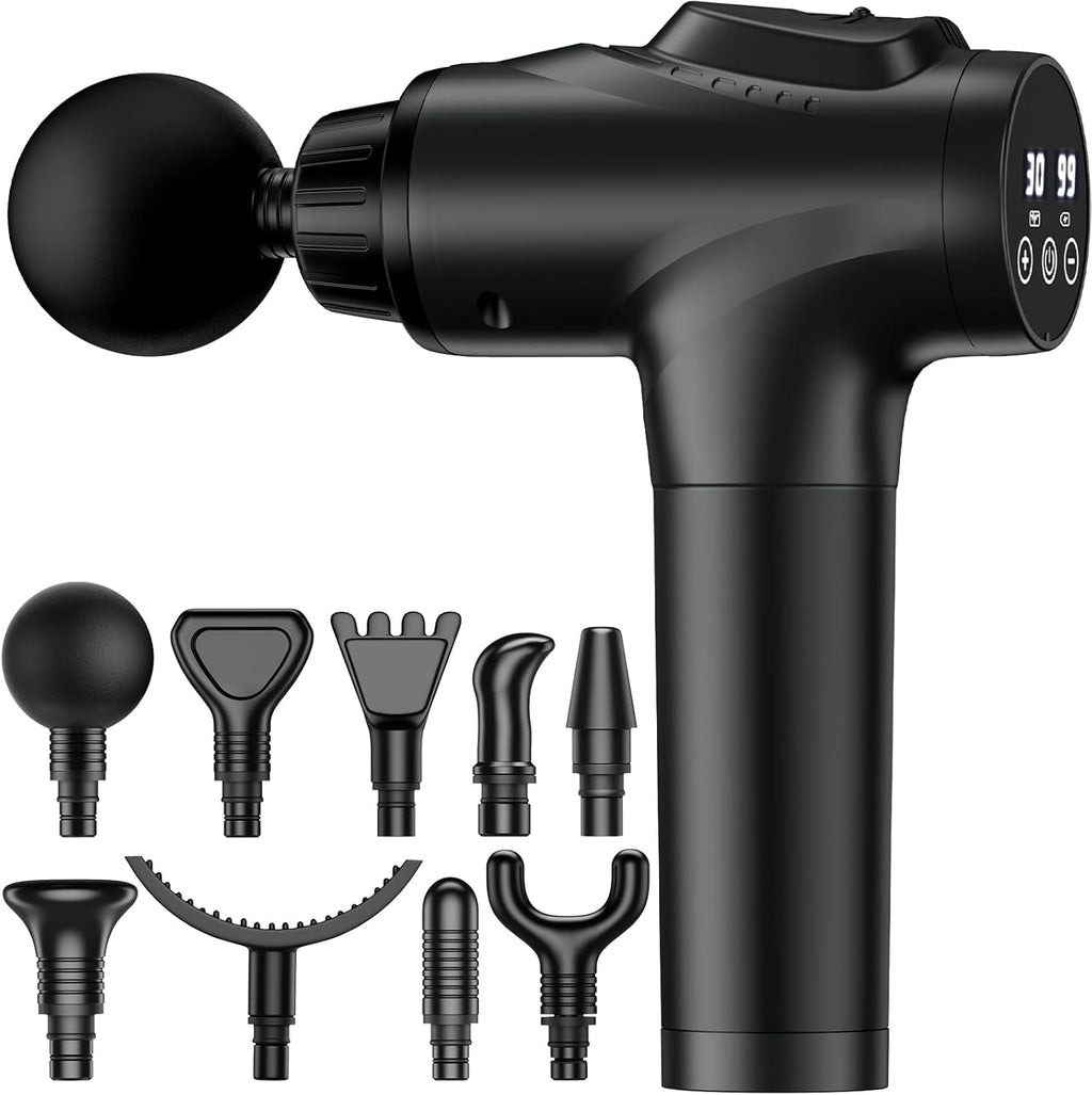 Massage Gun, Muscle Massage Gun for Athletes Handheld Electric Deep Tissue Back Massager, Percussion Massage Device for Pain Relief with 30 Speed Levels 9 Heads Black