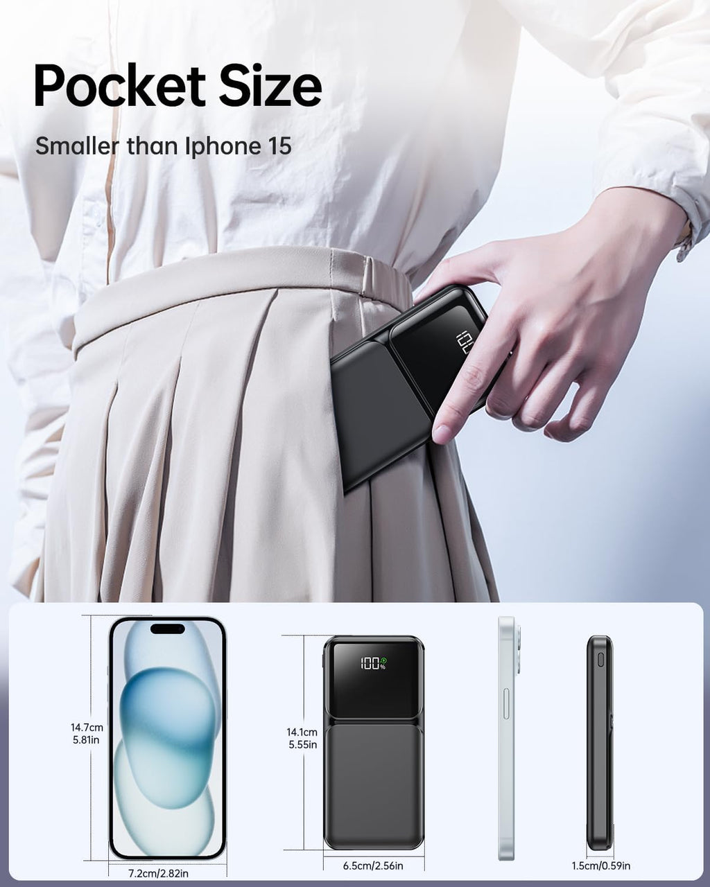 Portable Charger with Built in Cable - Power Bank Fast Charging USB C LED Display 10000mah Battery Pack 5 Outputs & 3 Inputs for Travel Essentials iPhone Samsung Android Phones Tablets Black