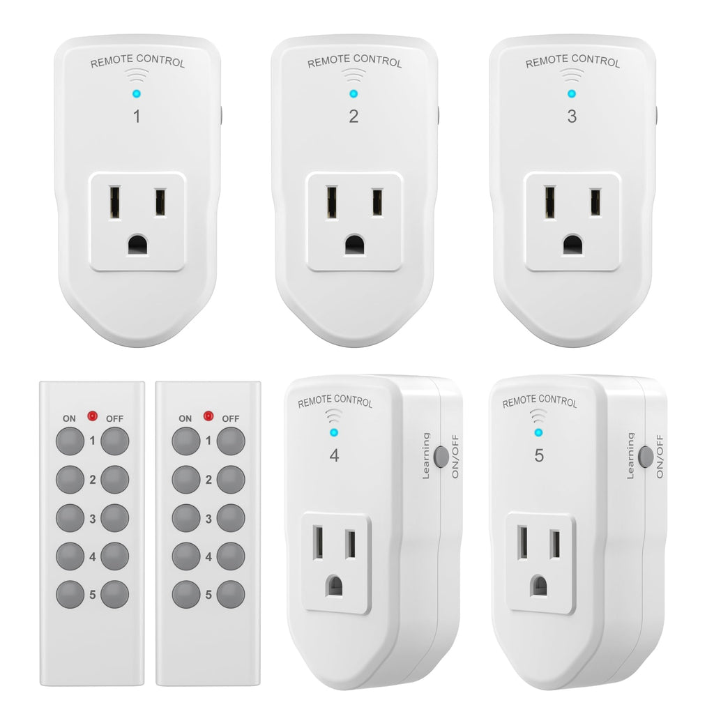 BN-LINK Wireless Remote Control Outlet Electrical Switch for Lights, Fans, Christmas Lights, Small Appliance, 100ft Long Range White (Learning Code, 5Rx-2Tx) 1200W/10A, ETL & FCC Certified