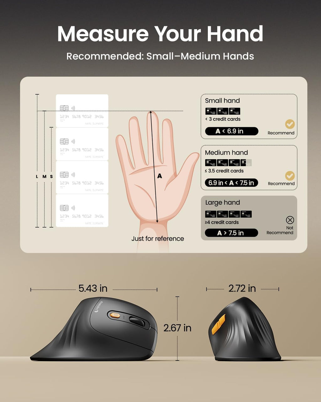 ProtoArc Ergonomic Mouse, EM11 NL Bluetooth Rechargeable Wireless Vertical Mouse, 3 Multi-Device Connectivity for Computer/PC/Laptop, 2.4GHz Optical Mice for Windows, Mac OS, Black