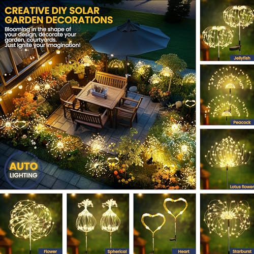 GIGALUMI Garden Decor Outdoor Lights 120LED 2Pack, Solar Garden Lights for Outside Christmas Fairy Firework Decorative,Solar Powered for Yard Pathway Flowerbed Planter Balcony Patio Decor (Warm White
