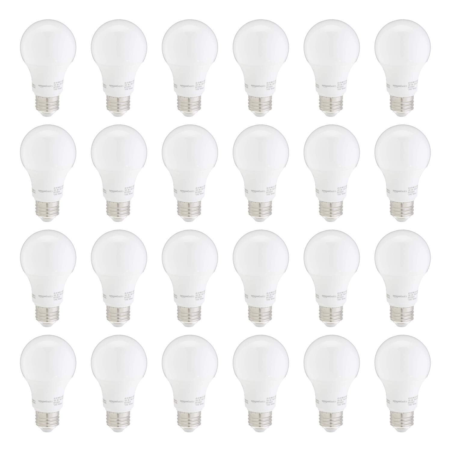 Basics A19 LED Light Bulbs – 60W Equivalent, Daylight White 5000K, 9W Energy Efficient, E26 Base, 24-Pack, Non-Dimmable