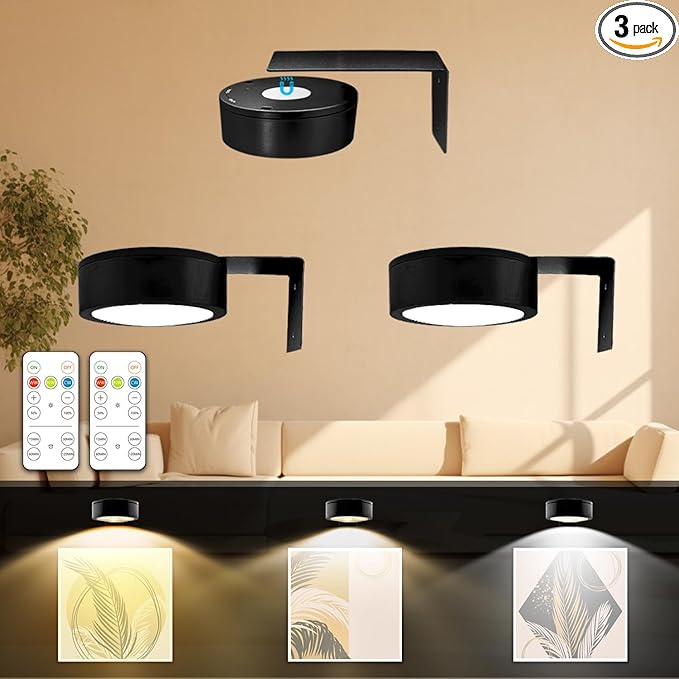3PACK Picture Light Battery Operated with Remote, Painting Light for Wall Art with 3 Lighting Colors Dimmable, LED Art Display Accent Light on Wall for Poster Dartboard Frame Portrait Black