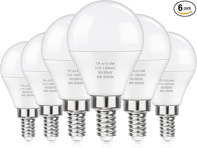 MAXvolador E12 LED 60W Equivalent Daylight White 5000K Ceiling Fan Bulbs, 600LM CRI 85+ Small Base Candelabra Bulbs, 6W Non-Dimmable, Pack of 6