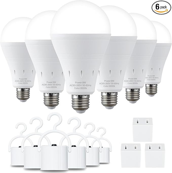 DEBAOBULB6 Pack Rechargeable Emergency Light Bulbs, Battery Powered LED Light Bulb 6000K Daylight E26 120 Volt 9W 60W Equivalent with 1200mAh for Home Power Outage Camping Hurricane
