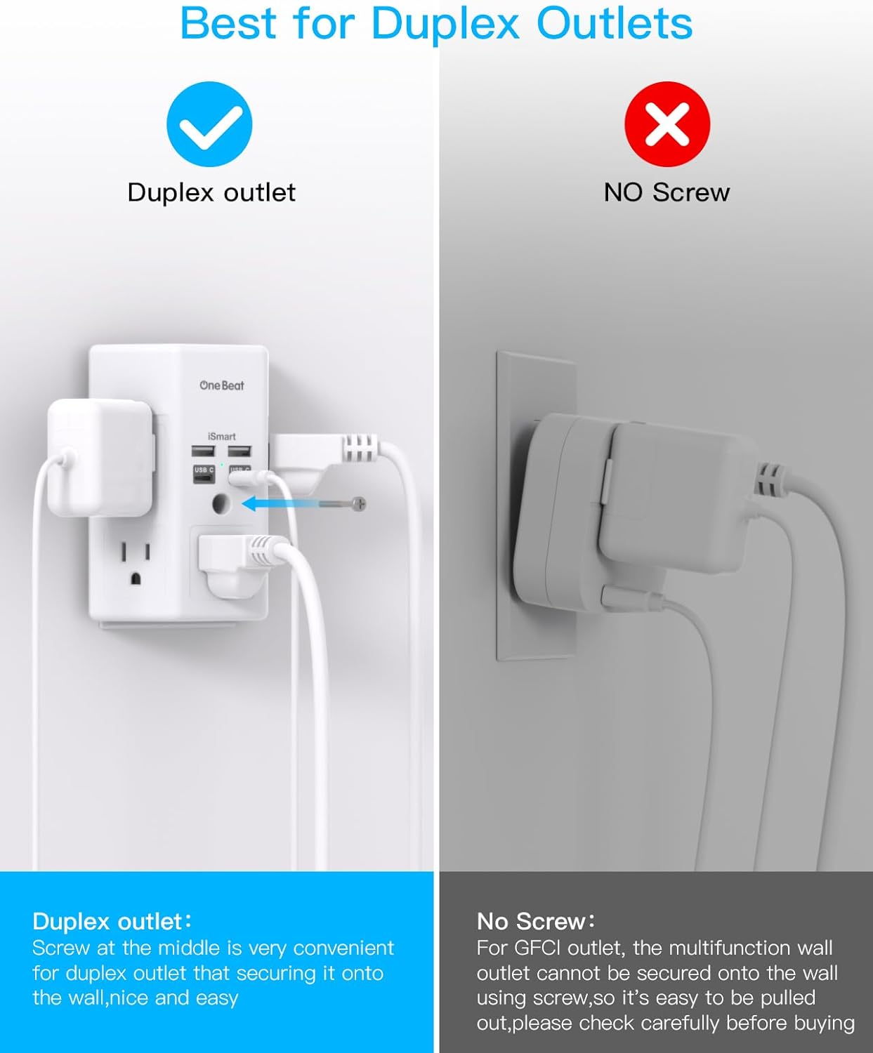 One Beat 1680J 3 Side Power Strip Multi Plug Expander, Surge Protector, 5 Outlets Extender, 4 USB Ports (USB C), Wall Mount Charger, Outlet Splitter Adapter for Home, Travel, Office, ETL Listed, White