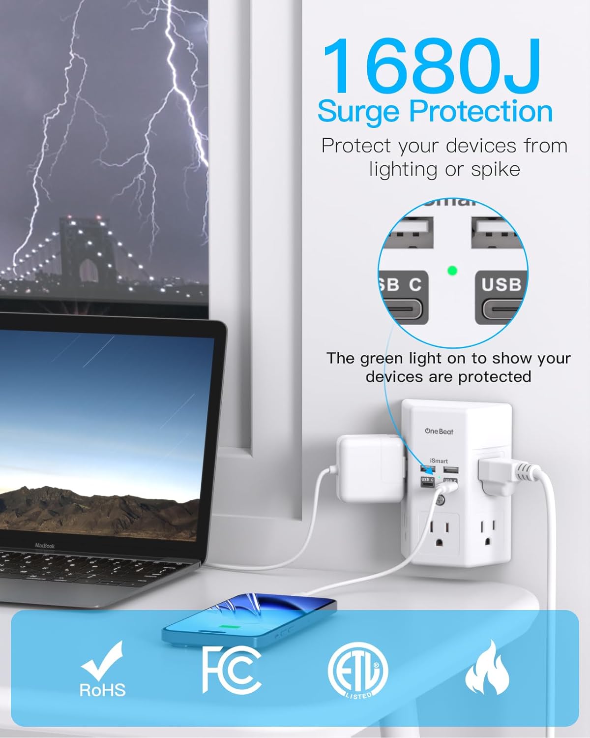 One Beat 1680J 3 Side Power Strip Multi Plug Expander, Surge Protector, 5 Outlets Extender, 4 USB Ports (USB C), Wall Mount Charger, Outlet Splitter Adapter for Home, Travel, Office, ETL Listed, White