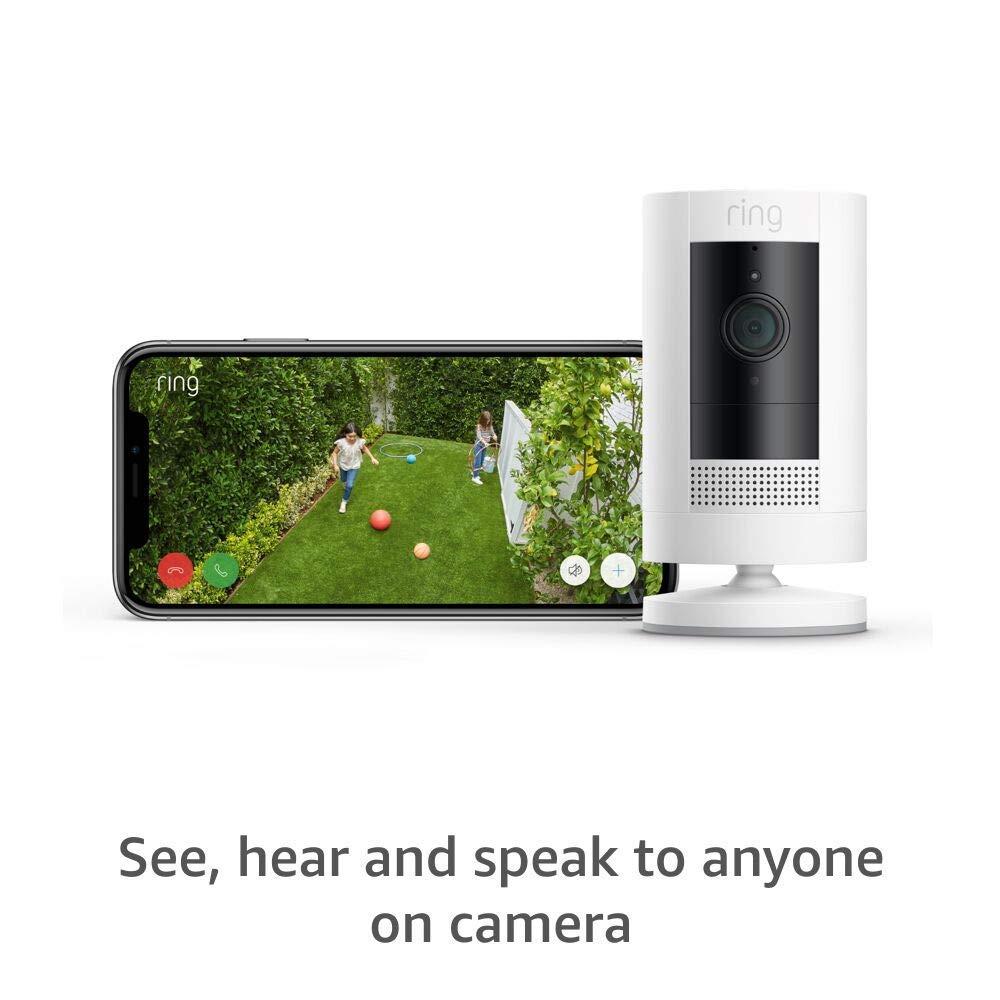 Ring Outdoor Cam (Stick Up Cam), Weather-resistant home or business security camera, outdoor ready, Live View, Color Night Vision, Two-Way Talk, motion alerts, Works with Alexa, White