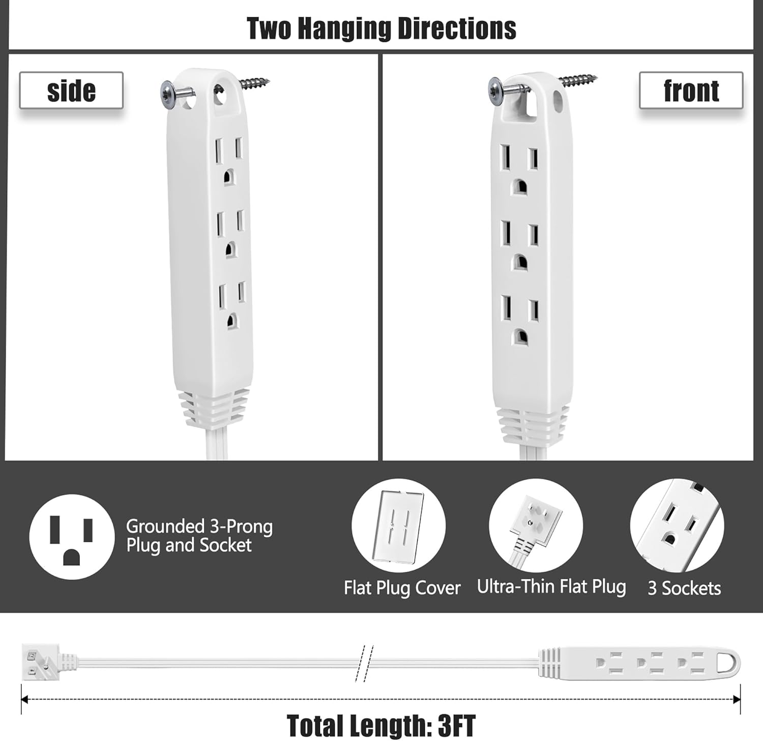 3FT Ultra Flat Plug Extension Cord Power Strip with 3 Outlets, Patented Detachable Ultra-Thin Outlet Cover Concealer & Ultra-Flat Plug, Max. 13A 125V 1625W ETL Listed, White Color
