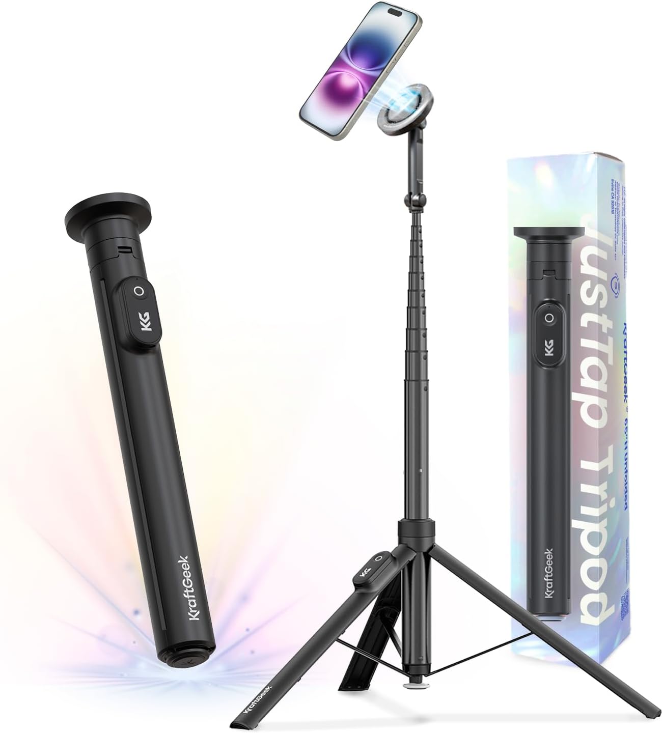KraftGeek Magnetic Phone Tripod for iPhone MagSafe – 66'' Automatic Selfie Stick with Remote, Portable Tripod Stand for Video Recording, Travel, Vlogging (Black)