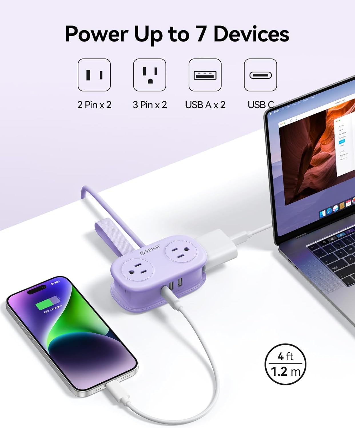 ORICO 4FT Purple Travel Power Strip with 4 AC Outlets, 2 USB-A Ports, and 1 USB-C Port, 45° Flat Plug Extension Cord with Non Surge Protector for Travel/Home/Dorm/Office-AP3