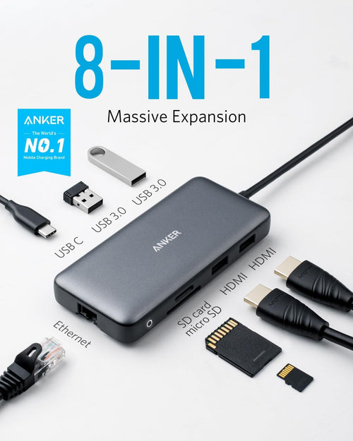 Anker Laptop Docking Station Dual Monitor, 8-in-1 USB C Hub, 4K Dual Monitor with 2 HDMI, 1 Gbps Ethernet Hub, 85W Power Delivery, SD Card Reader for MacBook Pro, XPS and More (Charger not Included)