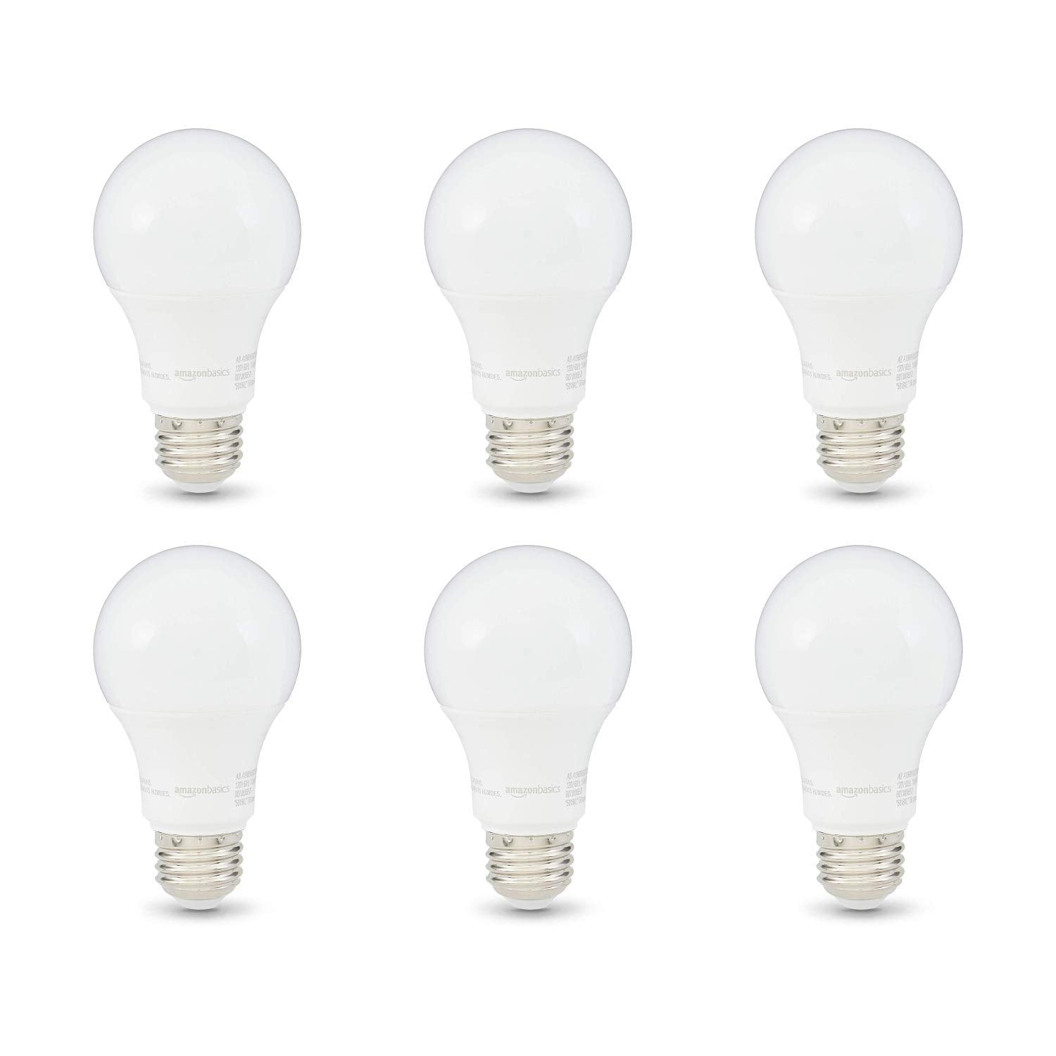 Basics A19 LED Light Bulbs, 60 Watt Equivalent, Energy Efficient 9W, E26 Standard Base, Soft White 2700K, Dimmable, 10,000 Hour Lifetime , 6-Pack