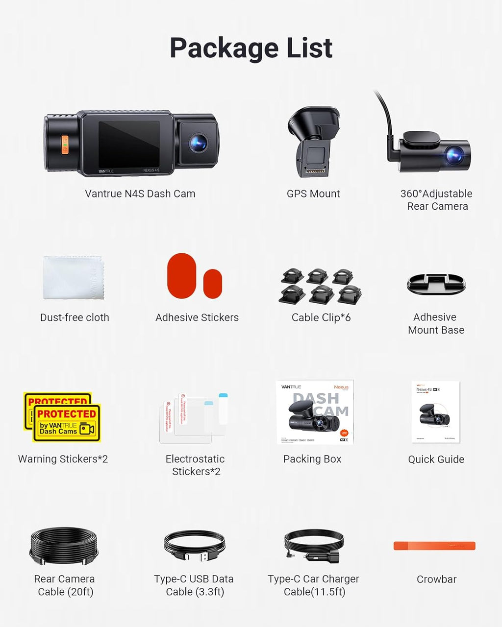 Vantrue New N4S 3 Channel Dash Cam, Front Rear Inside 2.7K+1440P+1440P Dashcam for Cars, Front and Rear Dual Channel, PlatePix™ Tech, STARVIS 2 Night Vision, Parking Mode, Wi-Fi, Support 1TB (RC18)