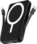 podoru for Magsafe Battery Pack, 10000mAh Magnetic Power Bank Built-in Double USB C Cables 22.5W PD Fast Charging LED Display Wireless Portable Charger for iPhone 17/16/15/14/13/12 Series-Black