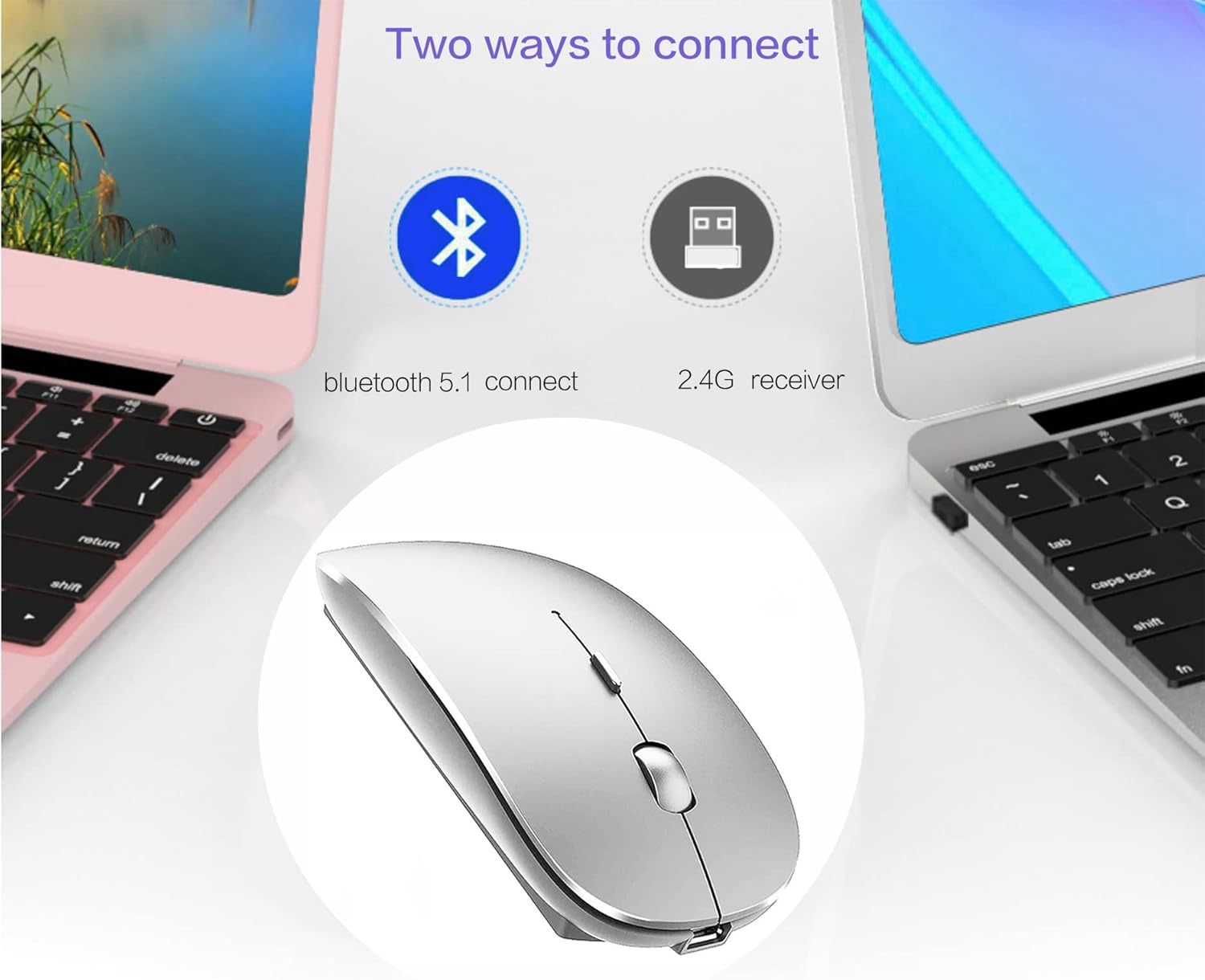 Bluetooth Wireless Mouse for Laptop mac MacBook ipad MacBook air MacBook pro pc Desktop Computer Windows Chromebook Notebook (Silver)