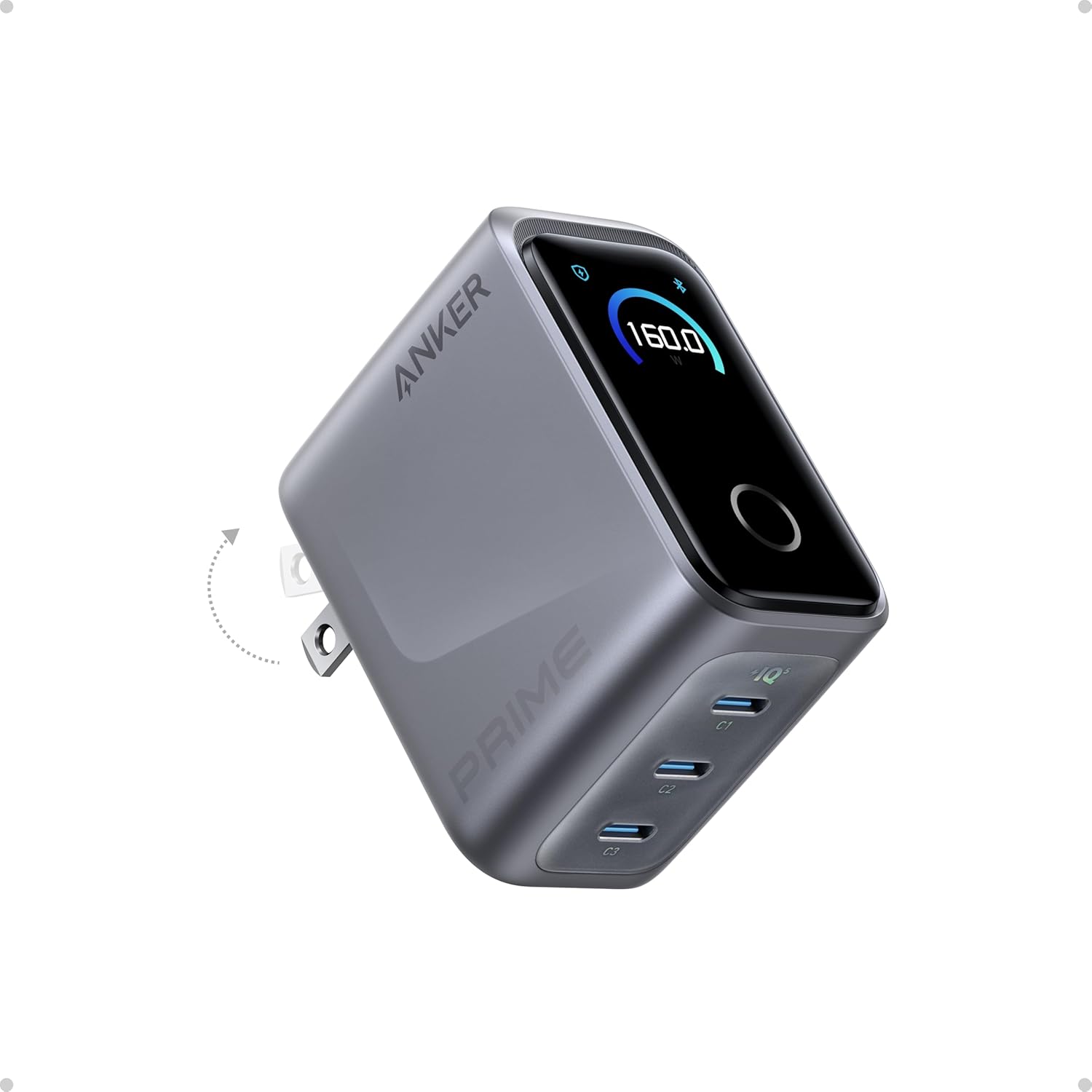 Anker Prime Charger, 160W 3-Port Compact GaN USB C Charger Block, Smart Display and Touch Control, 140W Max Charging via Any Single Port, for MacBook Pro/Air, Laptop, iPhone 17/16 Series(Non-Battery)