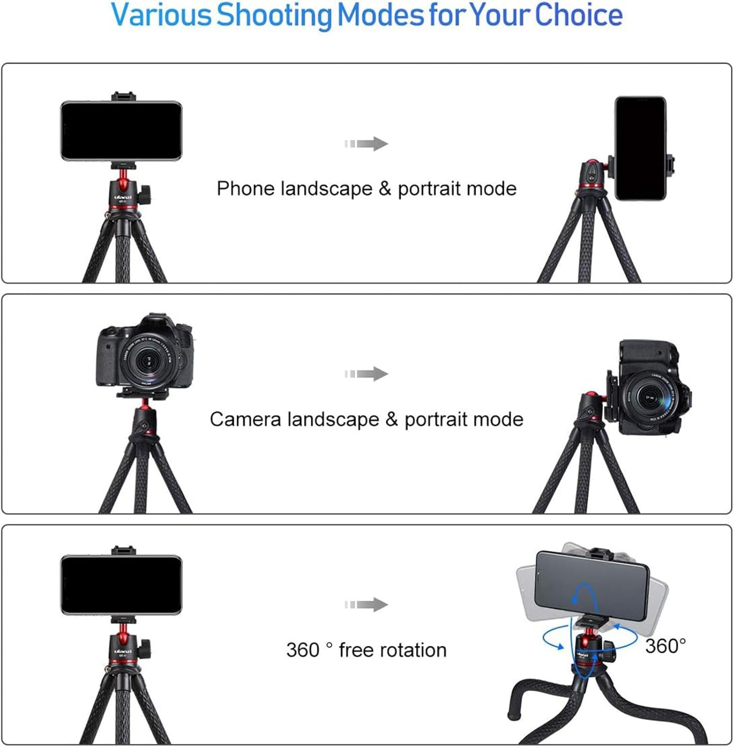 ULANZI Camera Tripod, Mini Flexible Stand w Hidden Phone Holder w Cold Shoe Mount, 1/4'' Screw f Magic Arm, Universal f iPhone 17 16 15 14 Pro Max XS Max X Samsung Canon Nikon Sony DJ Pocket 3 Cameras