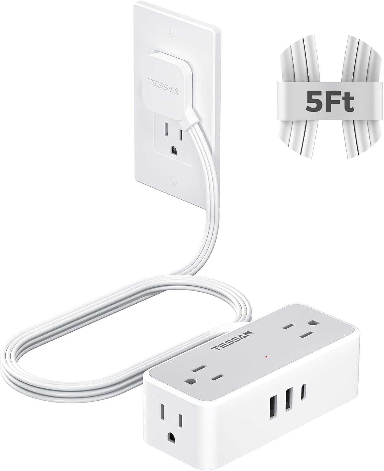 TESSAN Flat Plug Extension Cord 5 FT, Surge Protector Power Strip with 4 AC Outlets 1 USB C and 2 USB A Ports, 900 Joules Protection, 1250W, Multiple Wall Outlet Extender Suitable for Home Office Dorm