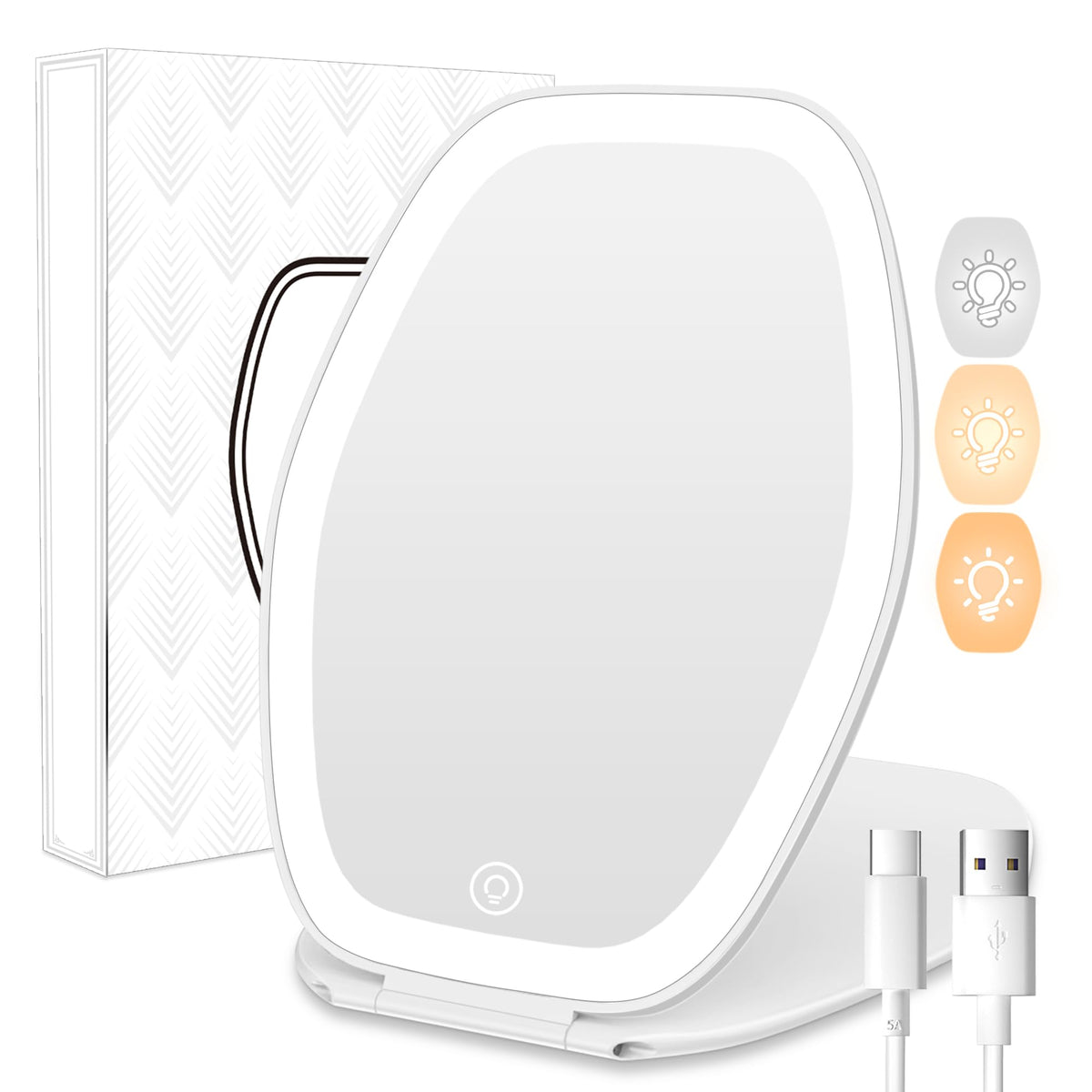 Travel Makeup Mirror with Light: 3 Color Lighting Portable Mirror with Touch Screen Rechargeable Adjustable LED Lights Hexagon Vanity Mirror for Travel, Desk, Home (White)