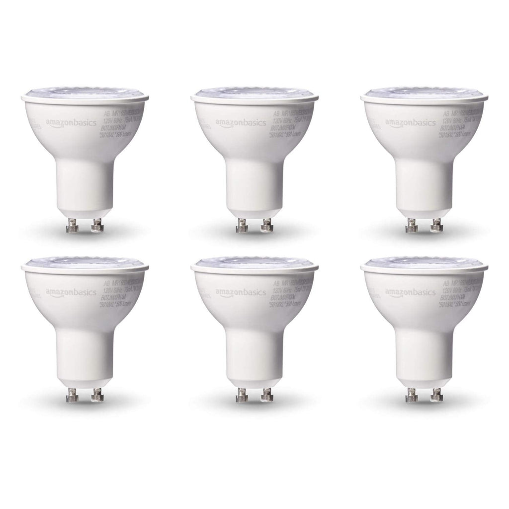 Basics MR16 LED Light Bulb, 50W Equivalent, Energy Efficient 7W, GU10 Base, Warm White 3000K, Dimmable, 10,000 Hour Lifetime, 6-Pack