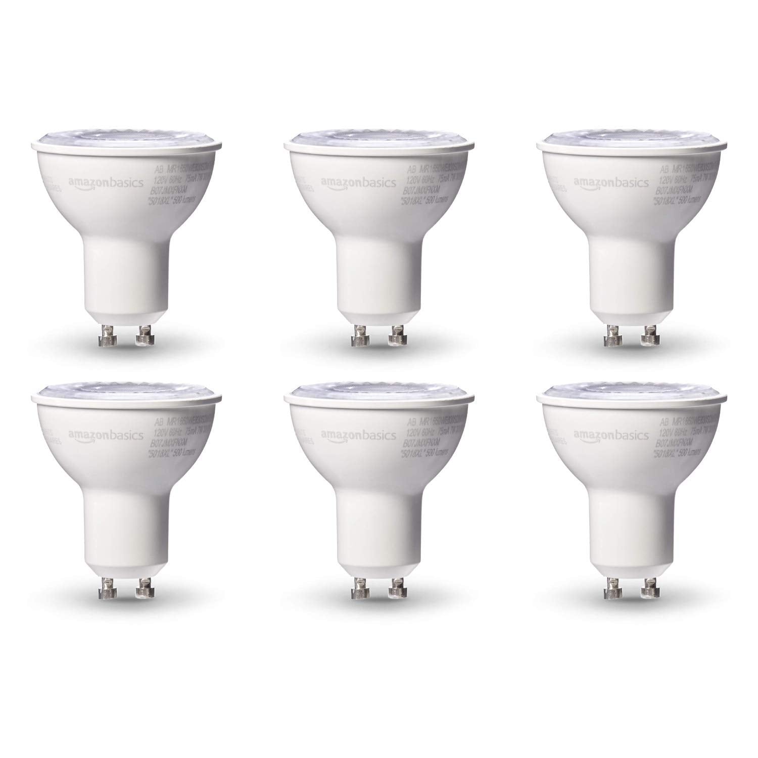 Basics MR16 LED Light Bulb, 50W Equivalent, Energy Efficient 7W, GU10 Base, Warm White 3000K, Dimmable, 10,000 Hour Lifetime, 6-Pack