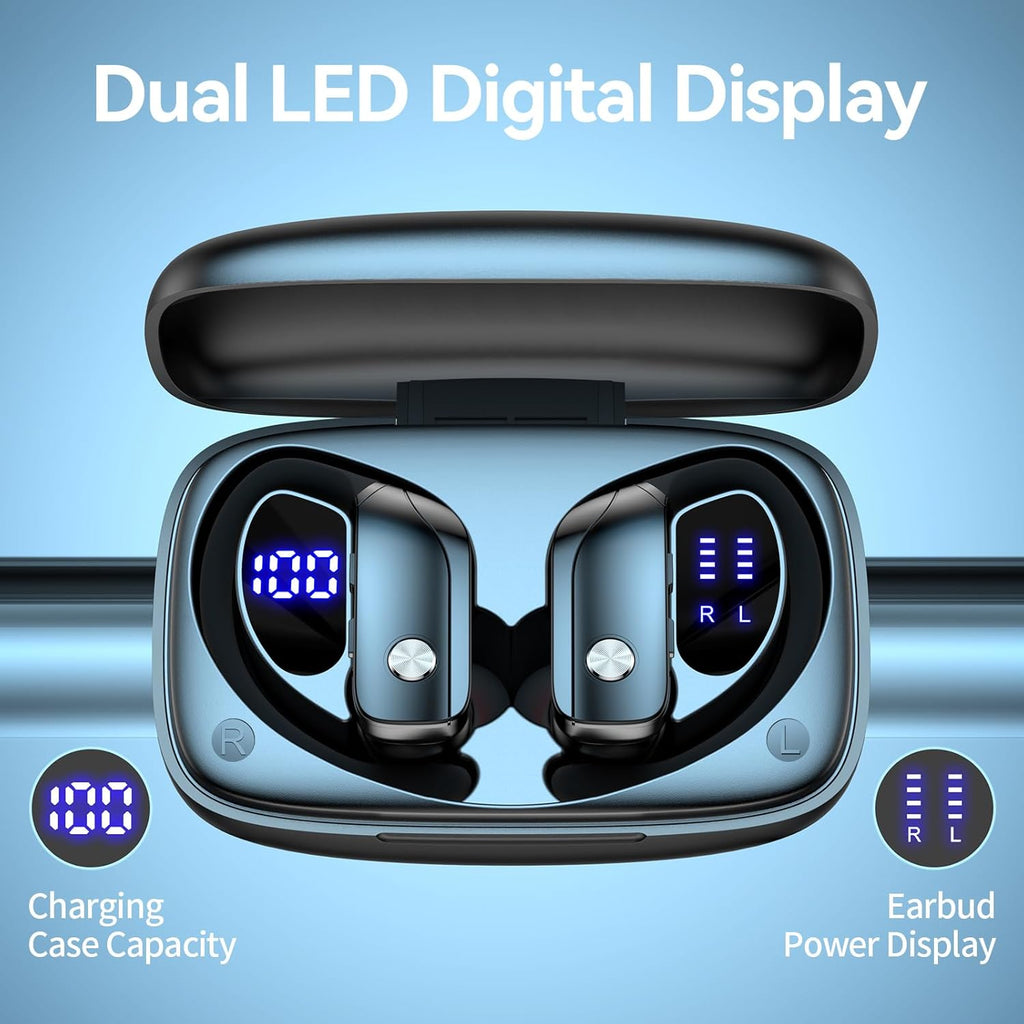bmani Ear Buds Wireless Earbuds Bluetooth Headphones with 80H Playtime LED Display Case, Over-Ear Hook with Mic, Stereo Sound, Easy Button Controls, Sports Earphones for Running Workout Gym Black