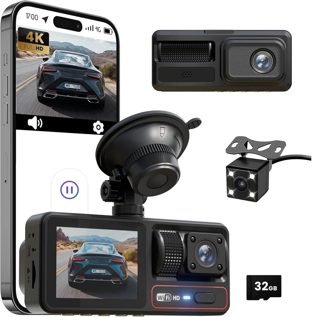 3 Channel Dash Camera for Cars,Triple Lens 4K+1080P+1080P Dash Cam Front Rear Inside,Built-in 5G WiFi & App, Night Vision,24H Parking Mode,Loop Recording,170° Wide Angle,32GB Card Included(Black)