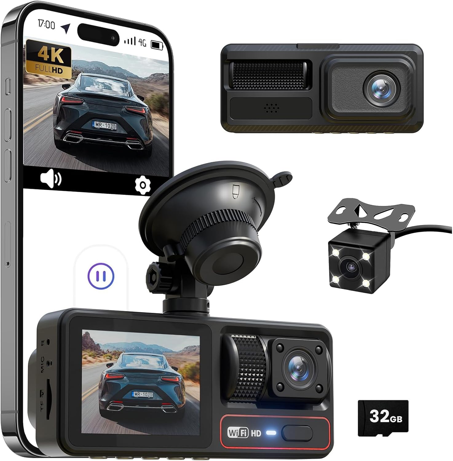 3 Channel Dash Camera for Cars,Triple Lens 4K+1080P+1080P Dash Cam Front Rear Inside,Built-in 5G WiFi & App, Night Vision,24H Parking Mode,Loop Recording,170° Wide Angle,32GB Card Included(Black)