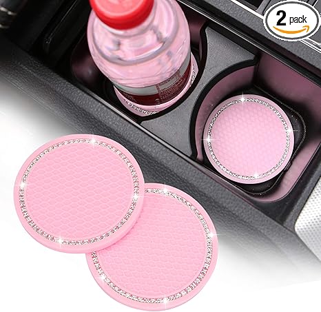 2 Pack Bling Cup Holder Insert Coasters, 2.75 Inch Soft Crystal Rhinestone Rubber Pad Set Round Auto Drink Coaster Car Interior Accessories (Pink)