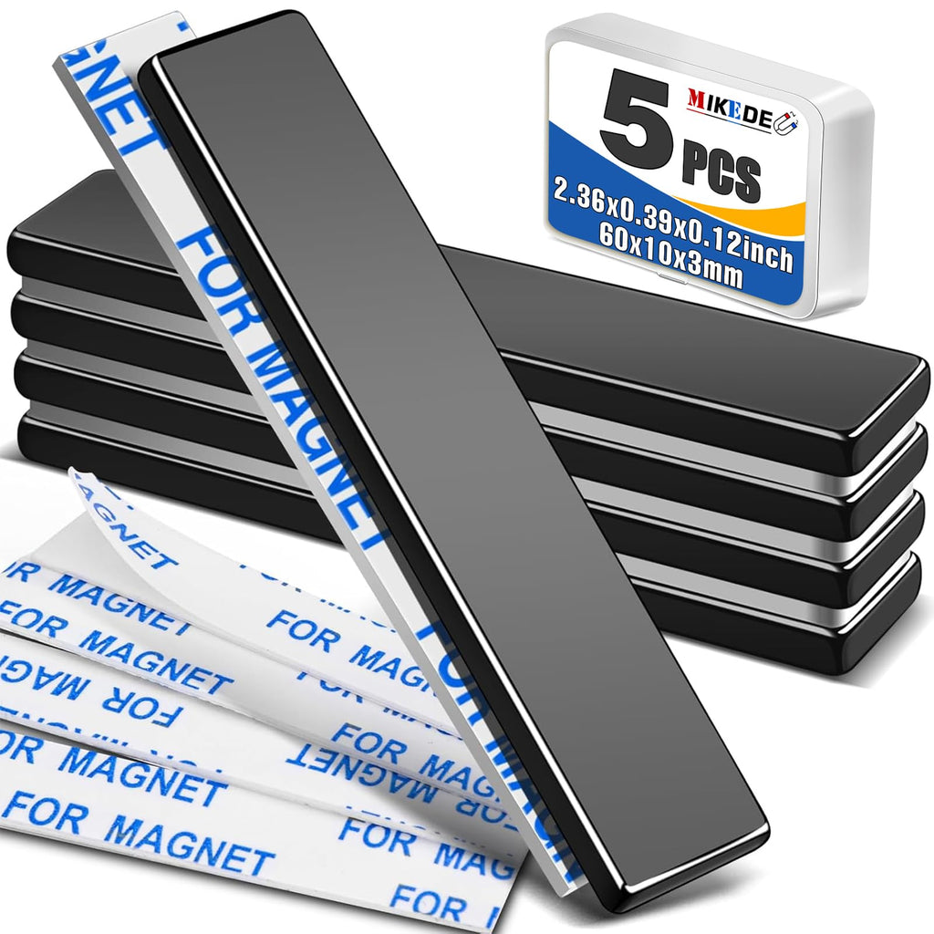 MIKEDE Neodymium Magnets, 5 Pack Black Super Strong Magnets Bar, Waterproof Heavy Duty Magnet with Adhesive Backing, Rare Earth Small Magnet Strips for Fridge, DIY, Craft, Science - 60x10x3 mm