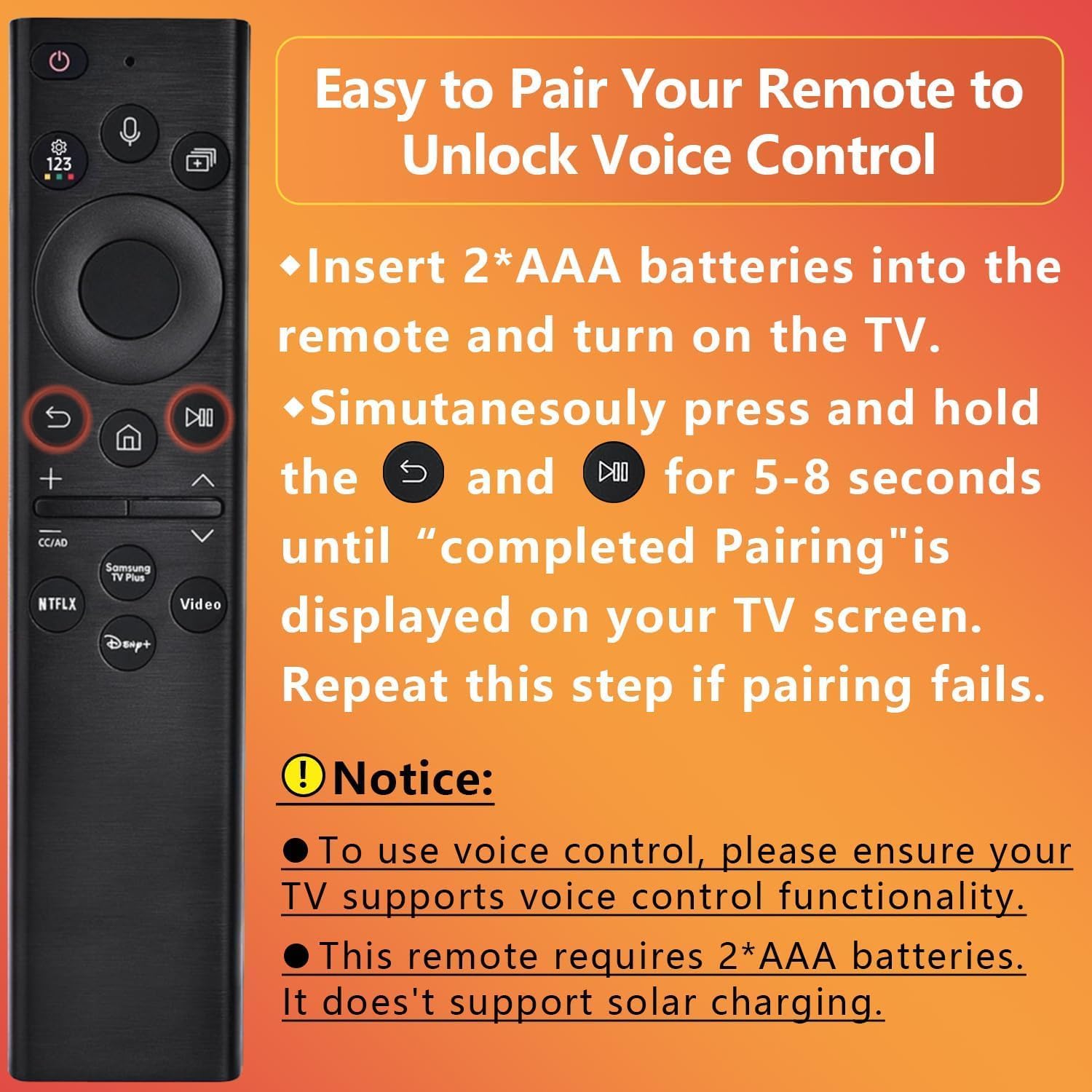Replacement Remote for Samsung Smart TV (2019–2025), Voice Control Compatible, No Solar Cell